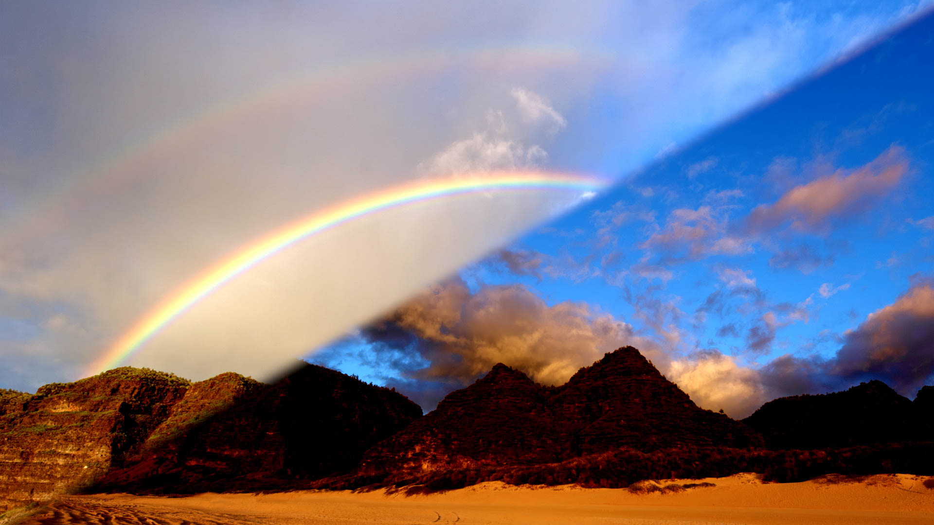 Rainbow on Hawaii coastline and jungle mountains