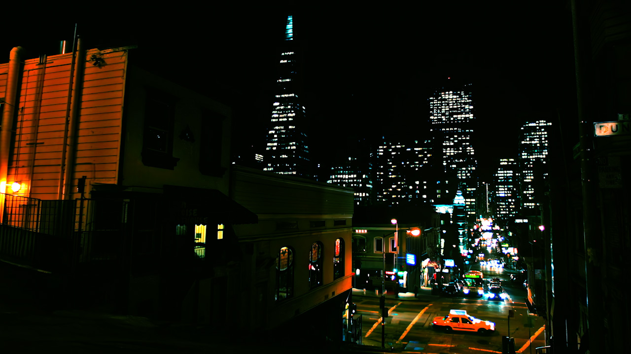 San Francisco street-view of downtown at night