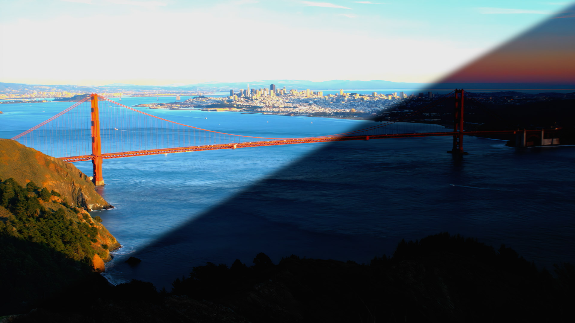 Shadows rising on San Francisco, Golden Gate Bridge…