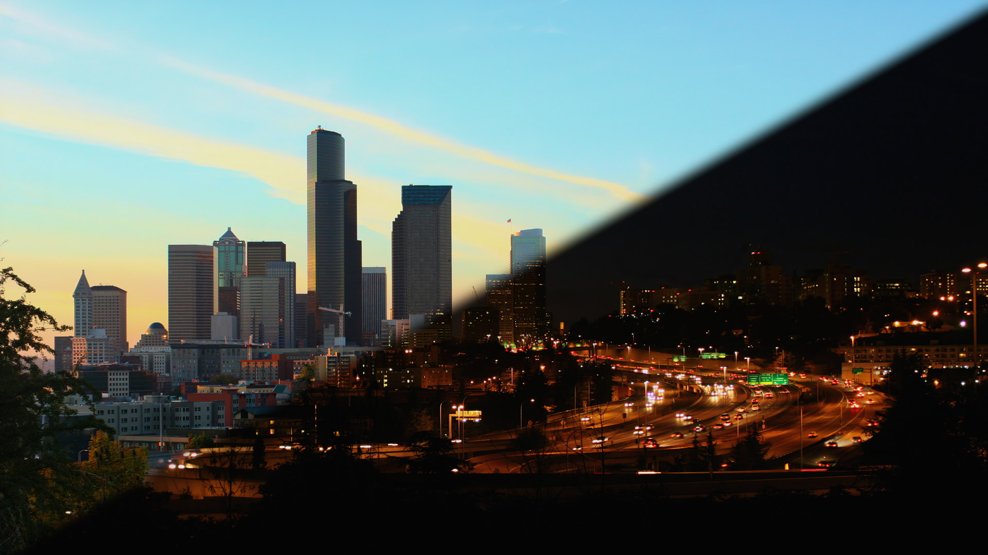 Seattle downtown from the south at sunset